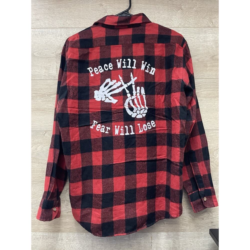 Vintage Customized Graphic Sears Red Black Medium Plaid Flannel Mens Shirt